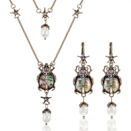 Taiyin 2 Pcs Beetle Dangle Earrings Necklace Set Vintage Bug Fun Earrings for Women Pearl Drop Scarab Jewelry for Bridal