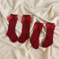 Bonito conhecer meias do bebê tubo longo outono inverno recém-nascido um ano de idade vinho vermelho arco meio tubo meia
