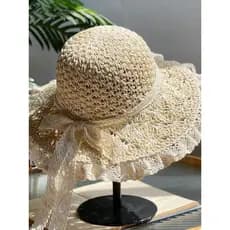 Chapéu de palha feminino verão mão-tecido oco arco chapéu de sol chapéu de sol feminino à beira-mar chapéu de praia