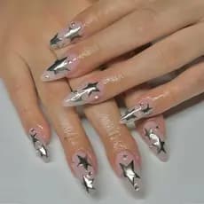 Unhas Postiças Adesivas Formato Amêndoa, Unhas Falsas Médias com Design de Estrela Prateada, Unhas com Strass, Cobertura