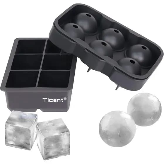 Formas de Gelo Ticent (Conjunto de 2), Formas de Gelo Esféricas de Silicone para Whisky com Tampas e Formas de Gelo Quad