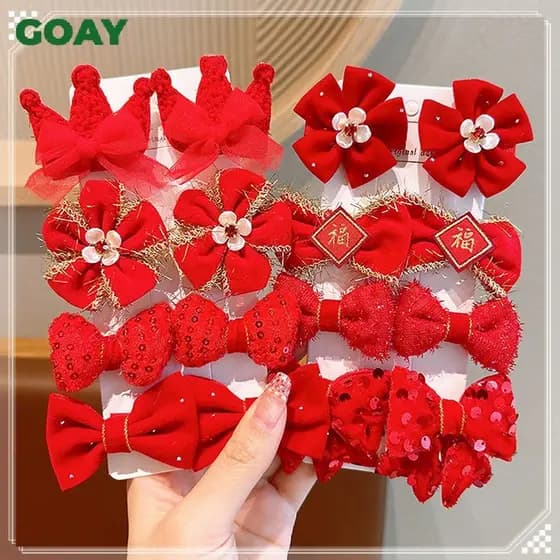 Madeira 8 Pçs/Set Crianças Arcos Vermelhos Grampos De Cabelo Para Bebês Meninas Fita Artesanal Bowknots Presilhas Ano No