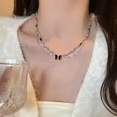 | colar prata | 【bijuterias femininas】 ❧Colar Micro-incrustado de pérola de prata esmagada, Design pequeno, sensação de