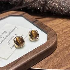 | 【cartelas de brincos feminino】 | kit brinco aço inoxidável ☞Novo Merad tigre olho pedra prata agulha brincos nicho Ret