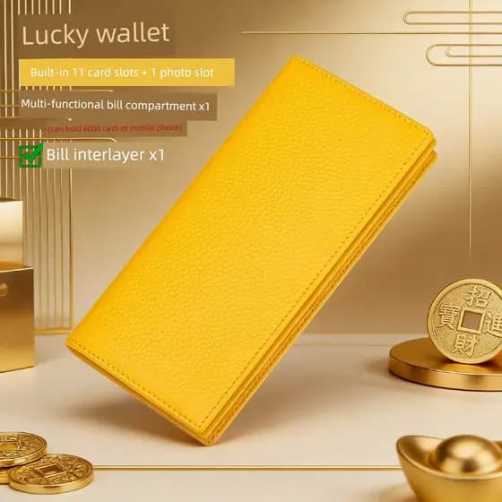 2026 novo estilo textura de couro genuíno carteira feminina moda curto Ultra-fino dinheiro-sorte amarelo carteira de cou