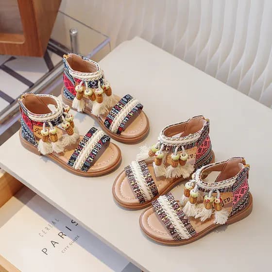 | slippers | ♪Meninas estilo étnico sandálias 2026 verão novo estilo moda All-Match sapatos de princesa médio pequeno cr