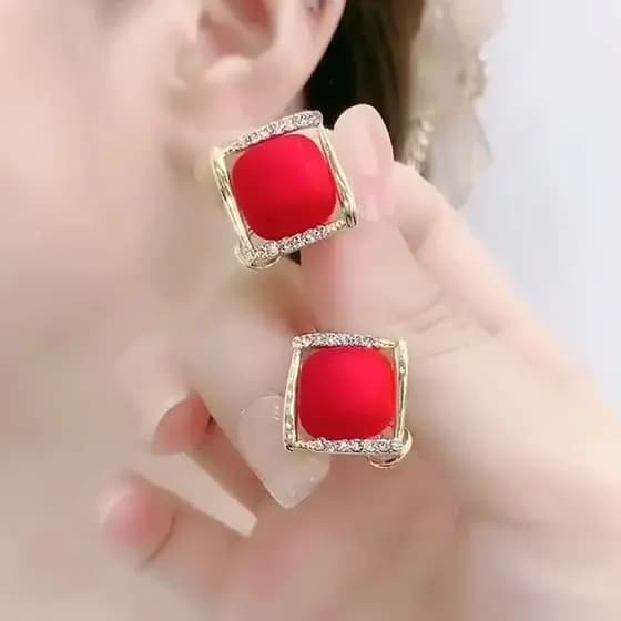 | 【cartelas de brincos feminino】 | kit brinco aço inoxidável ♡Agulha de prata diamantes vermelho fosco quadrado pérola b