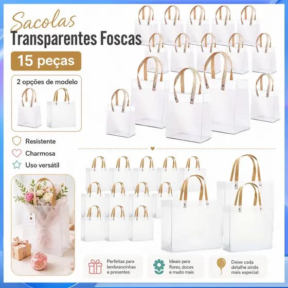 15 sacos de presente portáteis transparentes foscos grandes pequenos sacos de embalagem de lembrança de duas flores