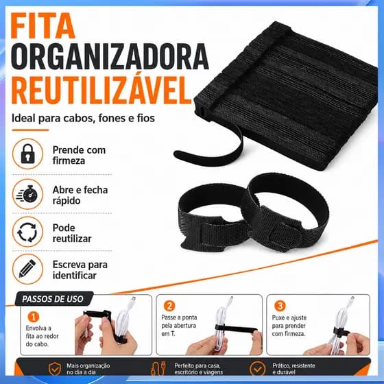 Organizador de cabos de Nylon T-Buckle com cabo de carregamento marcado, cabo de alimentação, uso repetido, Velcro de ar