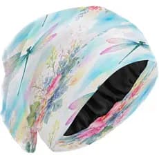 Touca Feminina Elástica com Estampa Floral de Libélula em Aquarela, Forrada de Cetim, Estilo Slouchy