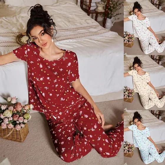 Novo Cross-Border solto senhoras pijamas Floral calças de manga curta Loungewear Casual pode usar fora terno de duas peç
