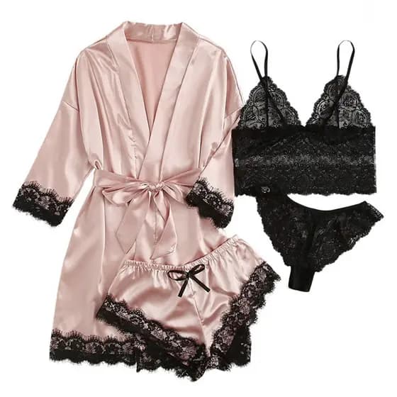 Novas senhoras pijamas conjunto de 4 peças Lei Sling pijamas feminino terno de verão com camisola atacado