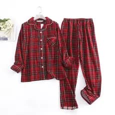 Conjunto de pijamas femininos escovados de flanela de algodão puro Plus Size simples solto primavera outono inverno xadr