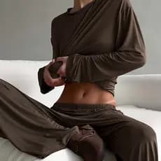 Em torno do pescoço estiramento malha calças de manga comprida pijamas feminino Modal de duas peças solto Casual senhora