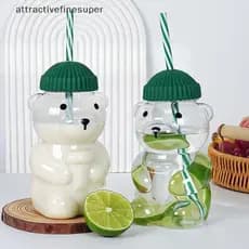 Copo De Urso De Vidro De 20 Onças Com Tampa Reutilizável De Palha , Seguro Para Micro-Ondas Alto Cotails , Limonada , Pi