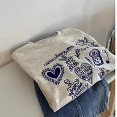 [Adicionado veludo] 24 outono novo estilo peito bordado amor coelho em torno do pescoço de manga comprida moletom femini