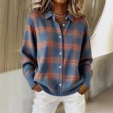 Estação independente transfronteiriça feminina Casual solta outono inverno xadrez manga comprida lapela camisa suéter ca