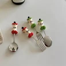 Conjunto de Talheres de Natal com Desenhos Animados para Crianças, Conjunto de Colher e Garfo de Aço Inoxidável 304 para