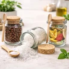 Pote de Vidro com Colher em Bambu e Tampa Rolha 240ml - Saleiro e Porta Condimento