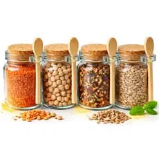 Kit Potes de Vidro 240ml com Tampa Rolha e Colher de Bambu Porta Temperos Saleiro