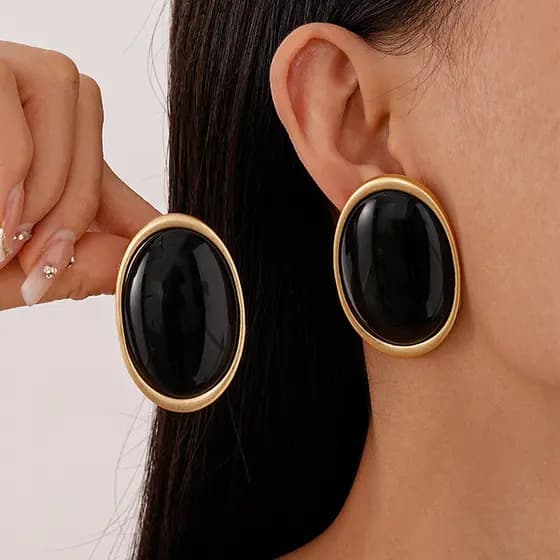 | 【cartelas de brincos feminino】 | kit brinco aço inoxidável ♣Retro simples resina Oval geométrico prata agulha brincos