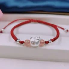 ☸KT gato coelho 999 prata pura mão-tecido pulseira feminina ajustável namoradas casal estilo corda vermelha pulseira de