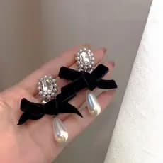 | 【cartelas de brincos feminino】 | kit brinco aço inoxidável ✿S925 prata agulha gota de água pérola Retro preto veludo a