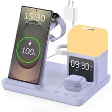 Carregador Sem Fio para Samsung/Estação de Carregamento Android, Carregador Rápido 6 em 1 com Despertador e Luz Noturna,