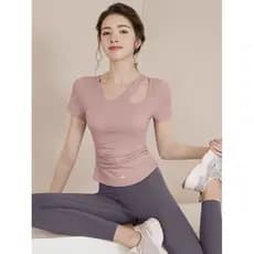 [Alta Qualidade] Conjunto Elegante de Yoga para Mulheres, Top Esportivo de Manga Curta e Ajuste Justo, Roupas de Verão p
