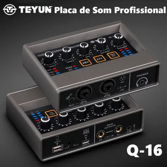 Teyun Placa de Som Profissional Q-16 2×2 Canais Efeitos DSP Reverb para Gravação Podcast e Live