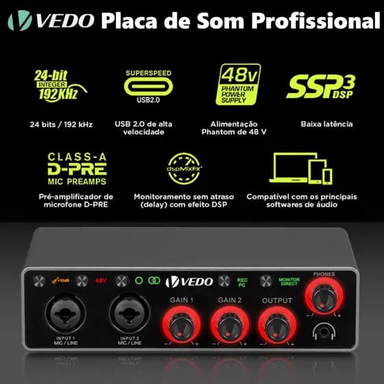 Teyun Placa de Som Profissional Q-28 Qualidade de Estúdio 24-bit/192kHz para Gravação Podcast e Live