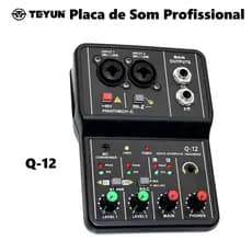 Teyun Placa de Som Profissional Q-12 16-bit/48kHz Alta Fidelidade 2×2 Canais para Podcast e Live
