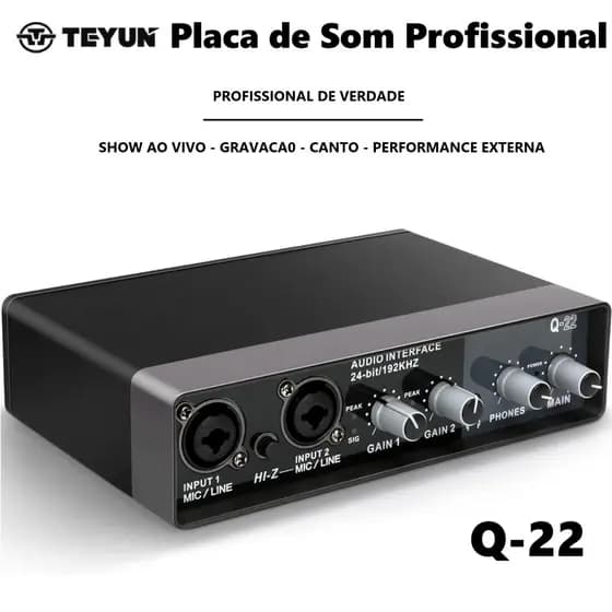 Teyun Placa de Som Profissional Q-22 Dupla Entrada Combo XLR/6.35mm 2×2 Canais para Podcast e Live