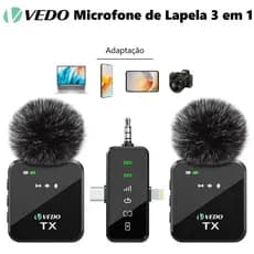 VEDO Microfone De Lapela Duplo para Android iPhone e câmeras DSLR 3 em 1 Microfone