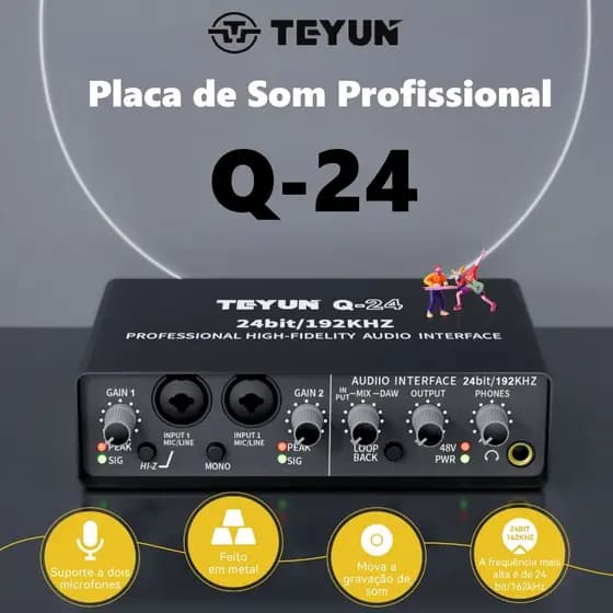 Teyun Placa de Som Profissional Q-24 Dupla Entrada Combo XLR/6.35mm + RCA 2 Entradas e 4 Saídas