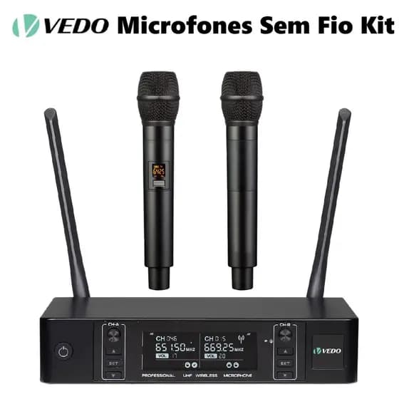 VEDO Microfone Sem Fio UHF Dual Channel 2×100 Canais com Busca Automática para Karaokê e Igrejas