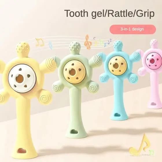 Mordedor de sino de chocalho de Silicone para bebê, formato de girassol, mordedor de sino, aliviar a dor nos dentes, evi