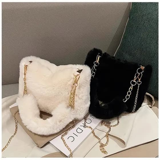 Bolsa de Ombro Única Feminina Fashionável, Bolsa de Corrente de Inverno Feminina Macia, Bolsa de Pelúcia Macia de Cor Só