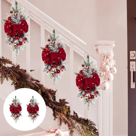 2 Peças de Guirlandas Artificiais de Natal 23,6" Guirlandas de Cedro Vermelhas Pré-iluminadas para Porta da Frente, Lare