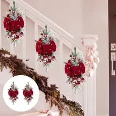 2 Peças de Guirlandas Artificiais de Natal 23,6" Guirlandas de Cedro Vermelhas Pré-iluminadas para Porta da Frente, Lare