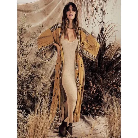 Saída de Praia Estampada Boêmia, Vestido Kimono Elegante com Cinto Automático para Mulheres, Tamanhos Grandes, Roupa de