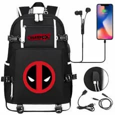 Mochila com Fones de Ouvido USB do Super-Herói Deadpool para Adolescentes e Estudantes, Mochila Casual Unissex para Viag