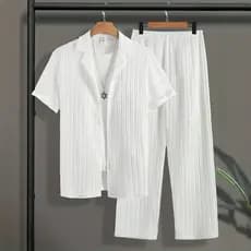 Conjunto masculino de comércio exterior com gola canelada, camisa de manga curta com botões e calças compridas, conjunto
