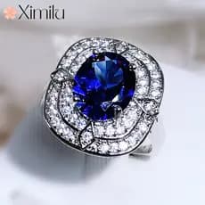 ❤ Requintado Popular flor cabeça jóias Micro diamante gota de água azul anel de diamante presente unissex