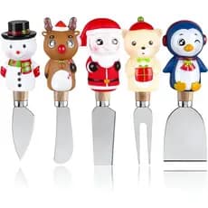 Christmas Cheese Spreaders Set of 5 - Festive Silicone Sleeves, Wooden Handles, Gift Box - Perfect for Cream Cheese, But
