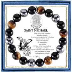 Pulseira LIUANAN São Miguel para Homens com Olho de Tigre, Hematita e Obsidiana, Presente Religioso de São Miguel Arcanj