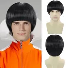 Peruca Preta em Forma de Cogumelo para Homens e Mulheres, Unissex, Sintética, Estilo Corte Bowl dos Anos 60 com Franja,