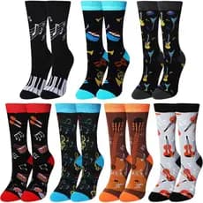 Coume 7 Pares de Meias Divertidas com Temática Musical, Meias Originais com Estampas de Violino, Piano, Guitarra e Bater