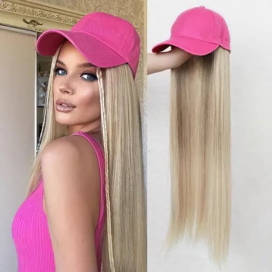 MXBEAUTY Boné De Beisebol Com Peruca , Sol Sintético , Cabelo Longo E Reto Encaracolado , De Chapéu Ajustável Respirável