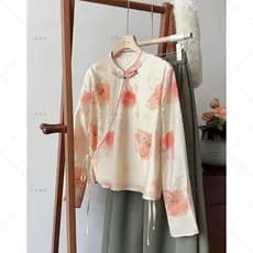 Camisa exclusiva, versão aprimorada do traje Tang, padrão estampado 5630, top autêntico de estilo chinês, equipada com u
